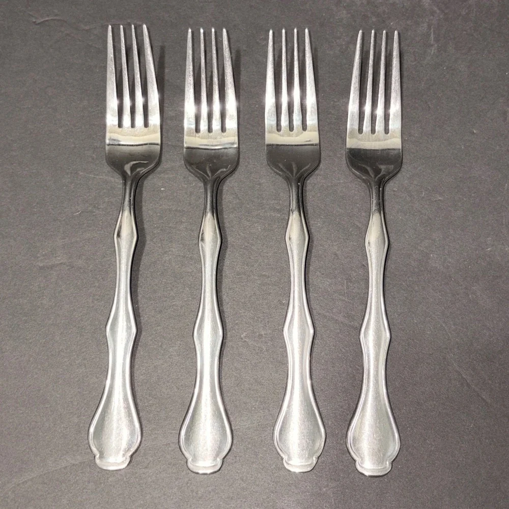 Stainless Steel Dinner Forks Set of 4 Contoured Fiddleback Handle Silver 7.25in